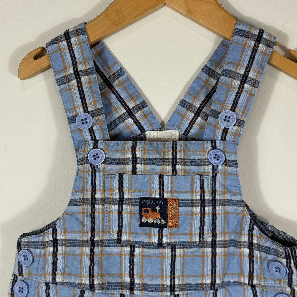 VTG Carters Kids Baby Boy Blue Plaid Train Embroidered Shortalls Overalls 6-9 M - Picture 2 of 11